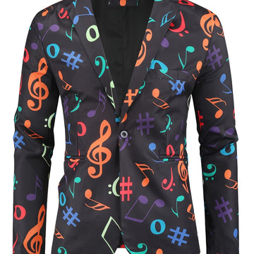 Riolio Allover Print One Button Blazer, Men's Casual Music Note Pattern Flap Pocket Lapel Sports Coat For Spring Fall Business